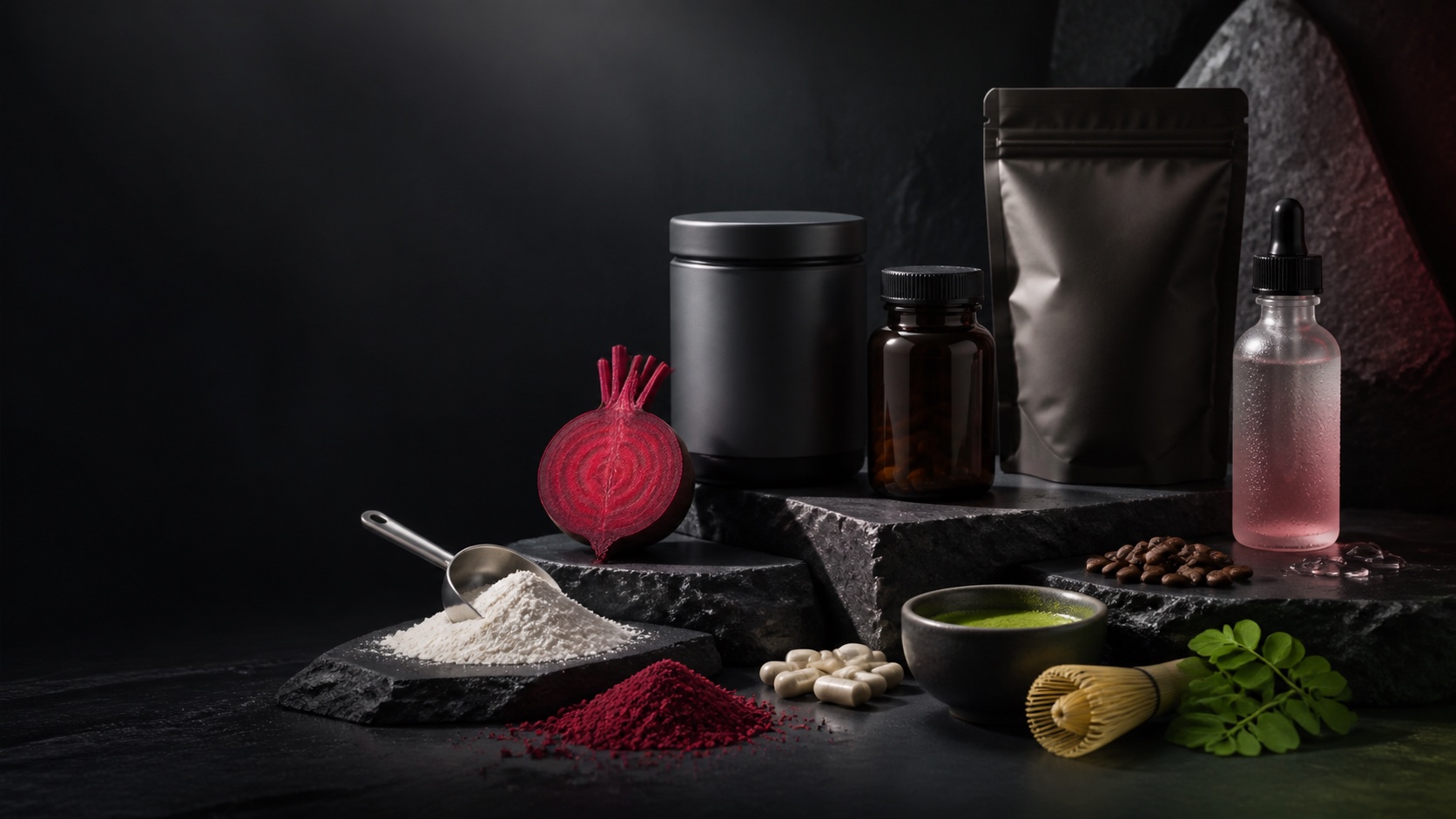 Unbranded powder, capsule, coffee, serum and daily-care formats arranged with ingredients on dark mineral stone