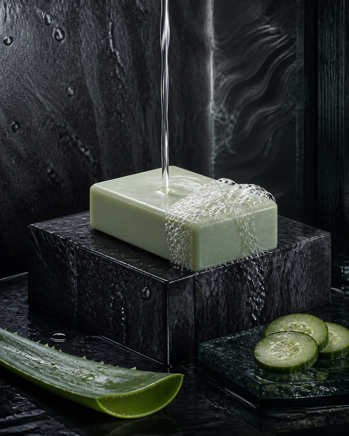 Aloe and cucumber cleansing bar format with water, lather, cucumber and cut aloe on graphite stone