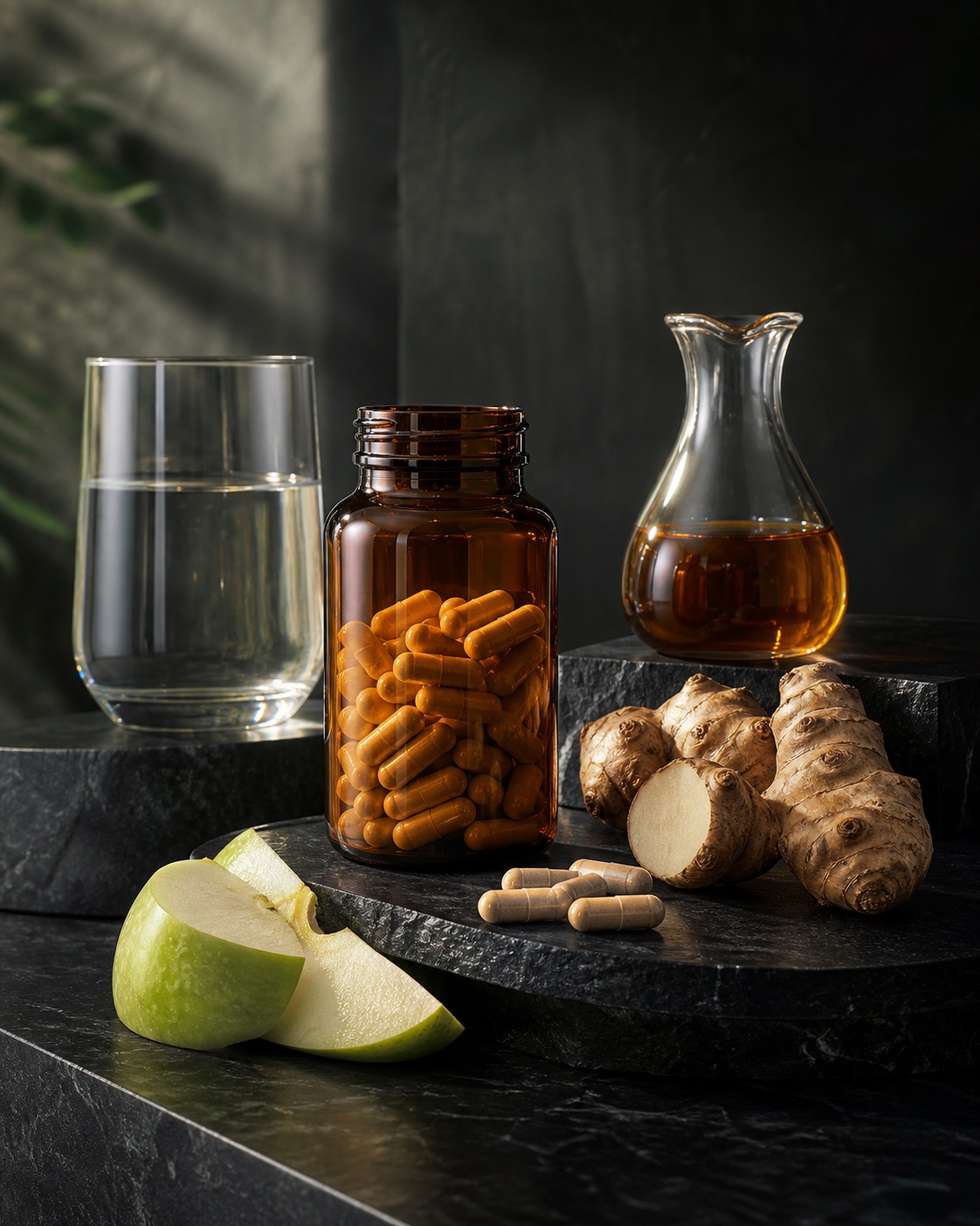 Capsule bottle, green apple, Jerusalem artichoke and water on graphite stone
