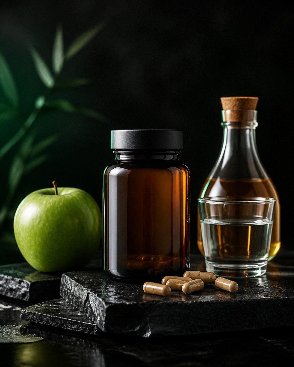 Amber capsule bottle, water, green apple, cider and capsules arranged on dark mineral stone