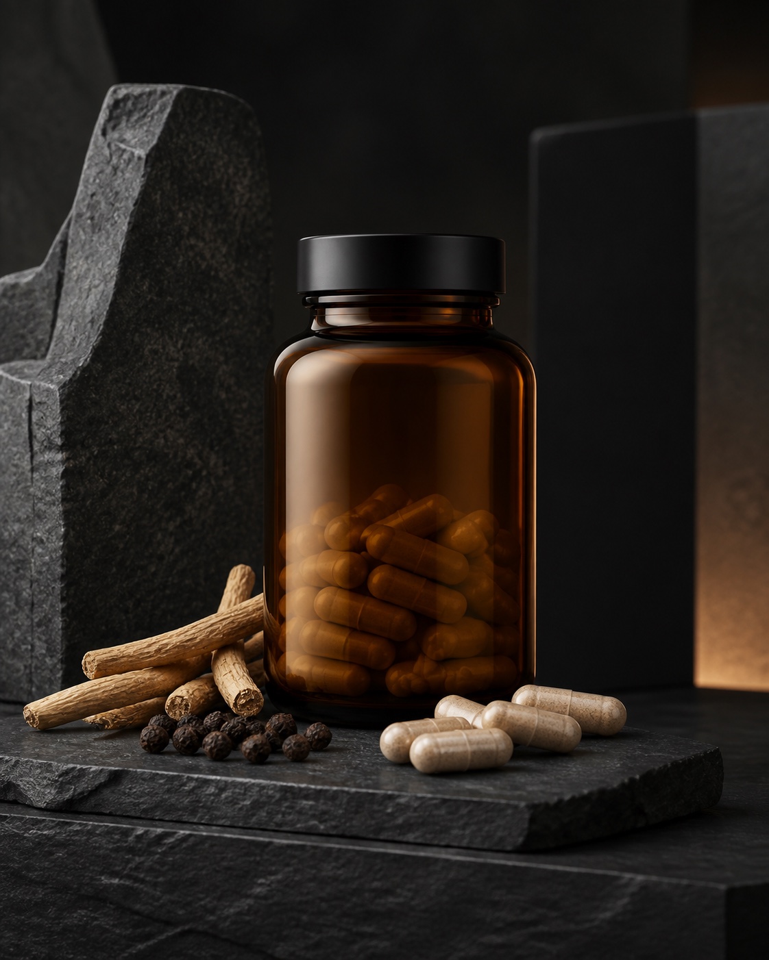 Ashwagandha capsule bottle, roots, neutral capsules and black pepper on dark stone