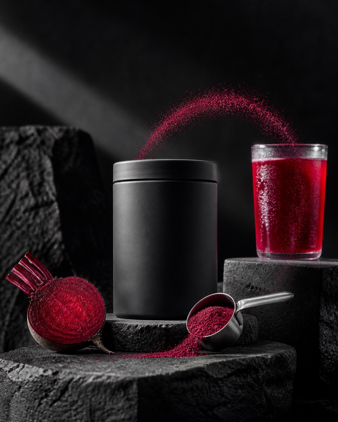 Beetroot powder format with beetroot, a mixed drink and berry-toned powder on graphite stone