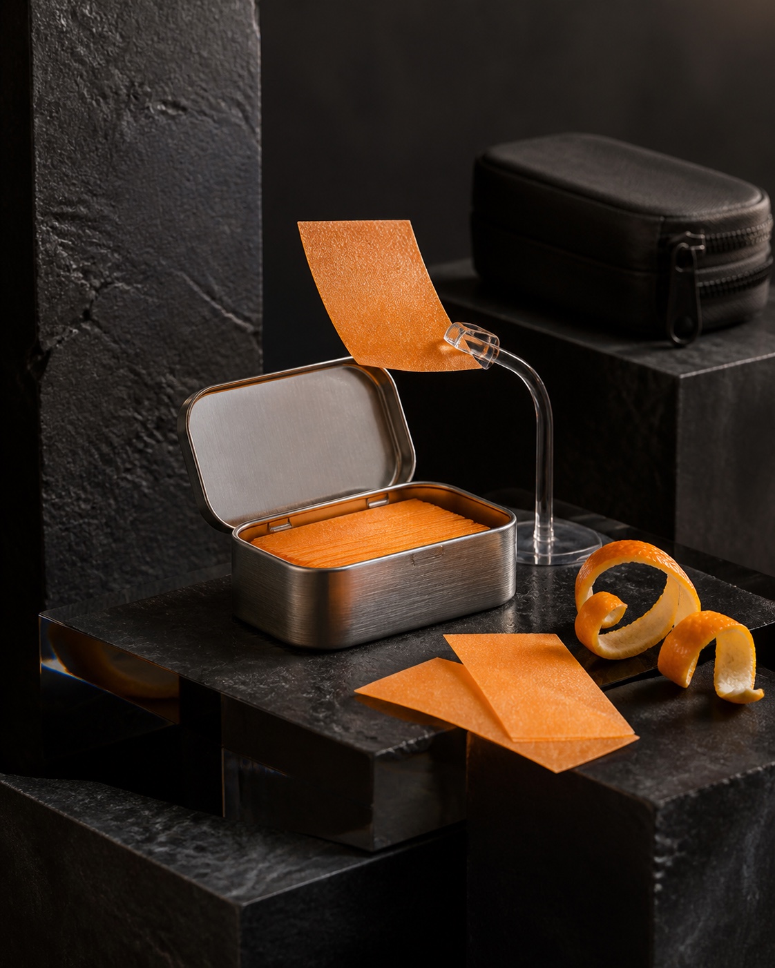 Orange dissolving strip format with a blank metal tin, loose strips, orange peel and a travel pouch on graphite stone