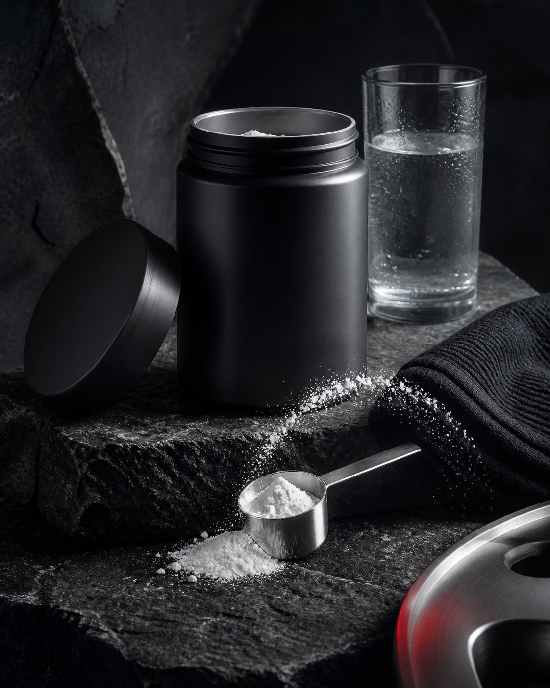 Creatine canister, white powder, steel scoop and water on dark slate
