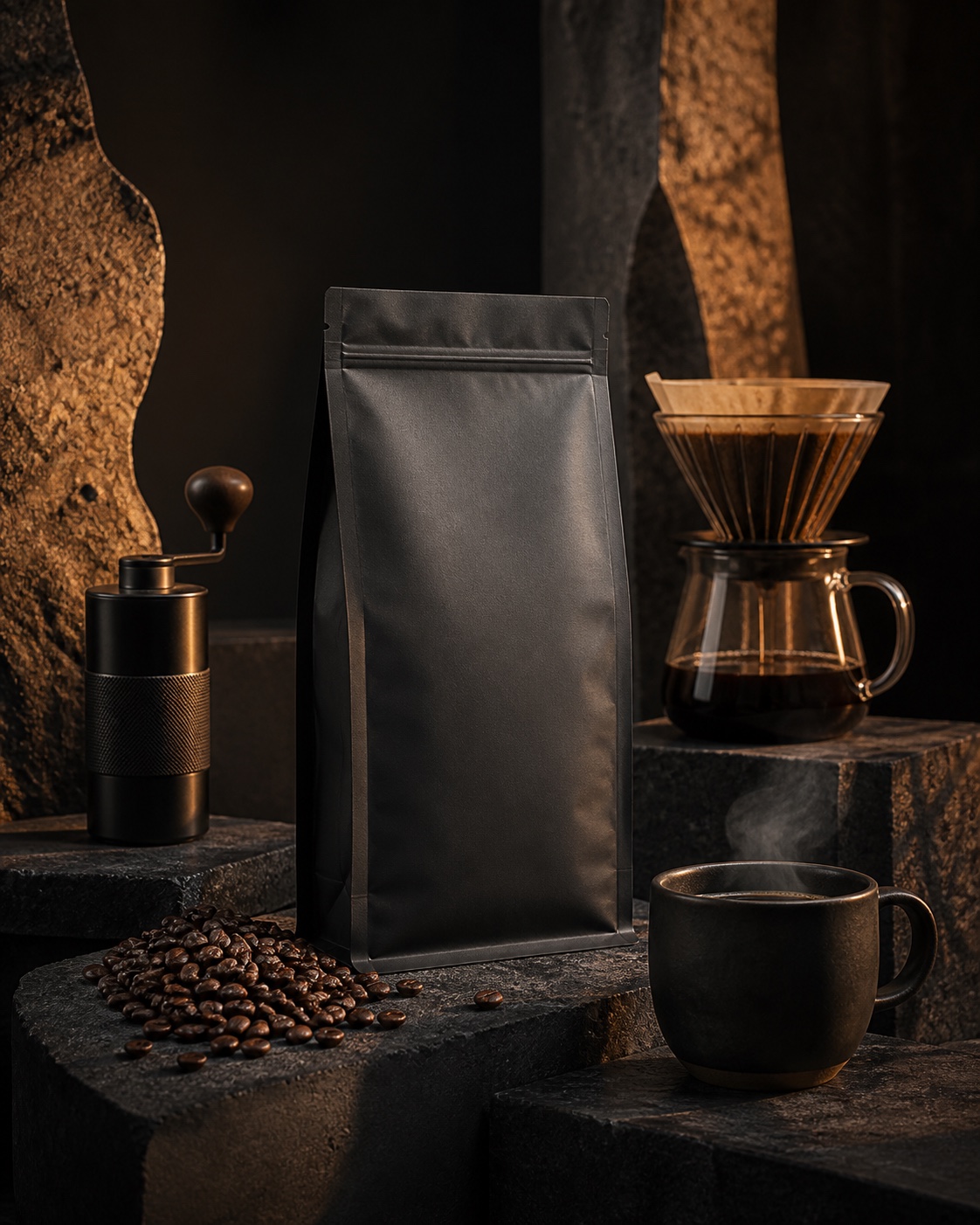 Forest decaf coffee format with a blank pouch, whole beans, grinder and pour-over cup on graphite stone