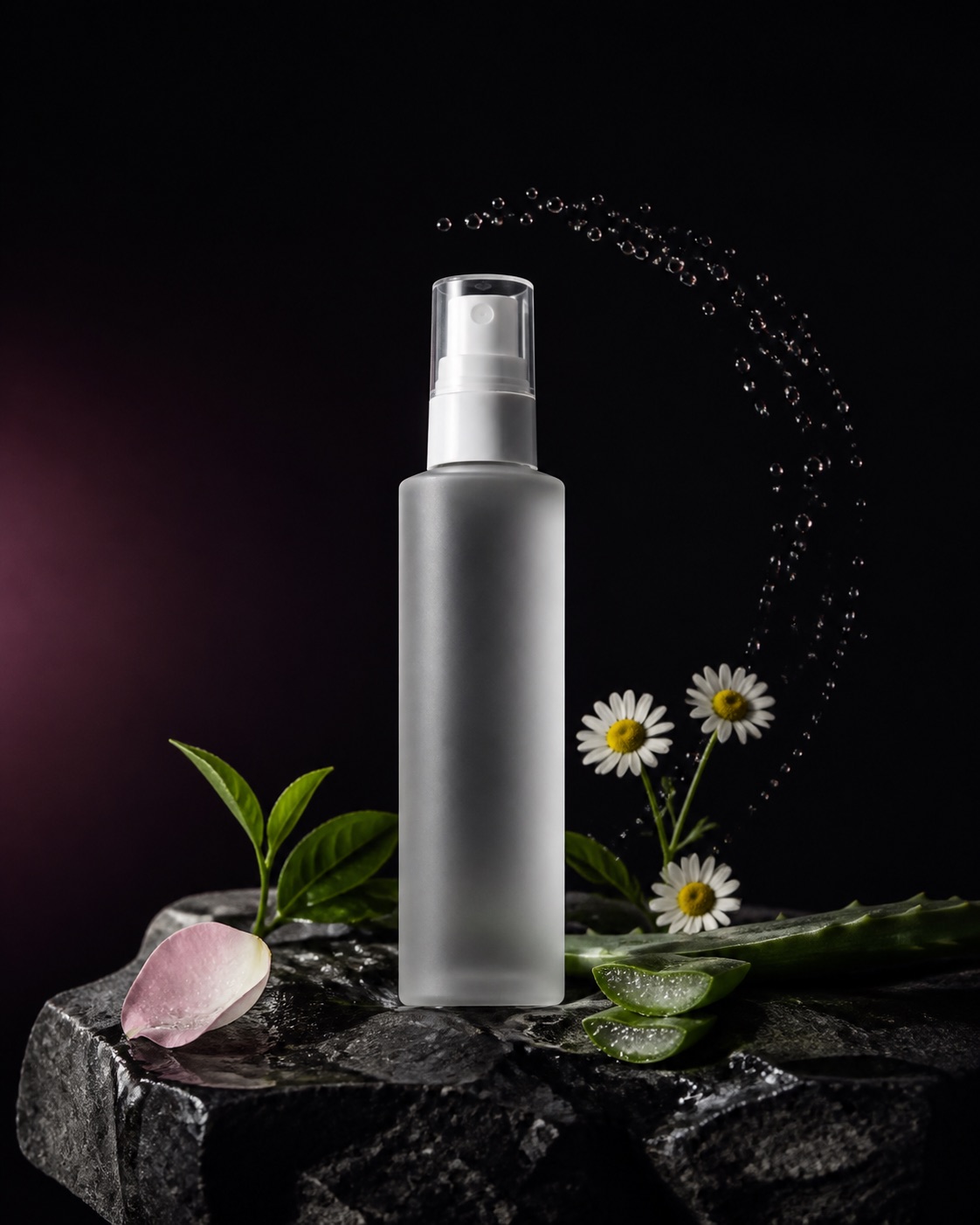 Gentle balancing toner format with a blank frosted mist bottle, water droplets, green tea, chamomile, rose and aloe on graphite stone