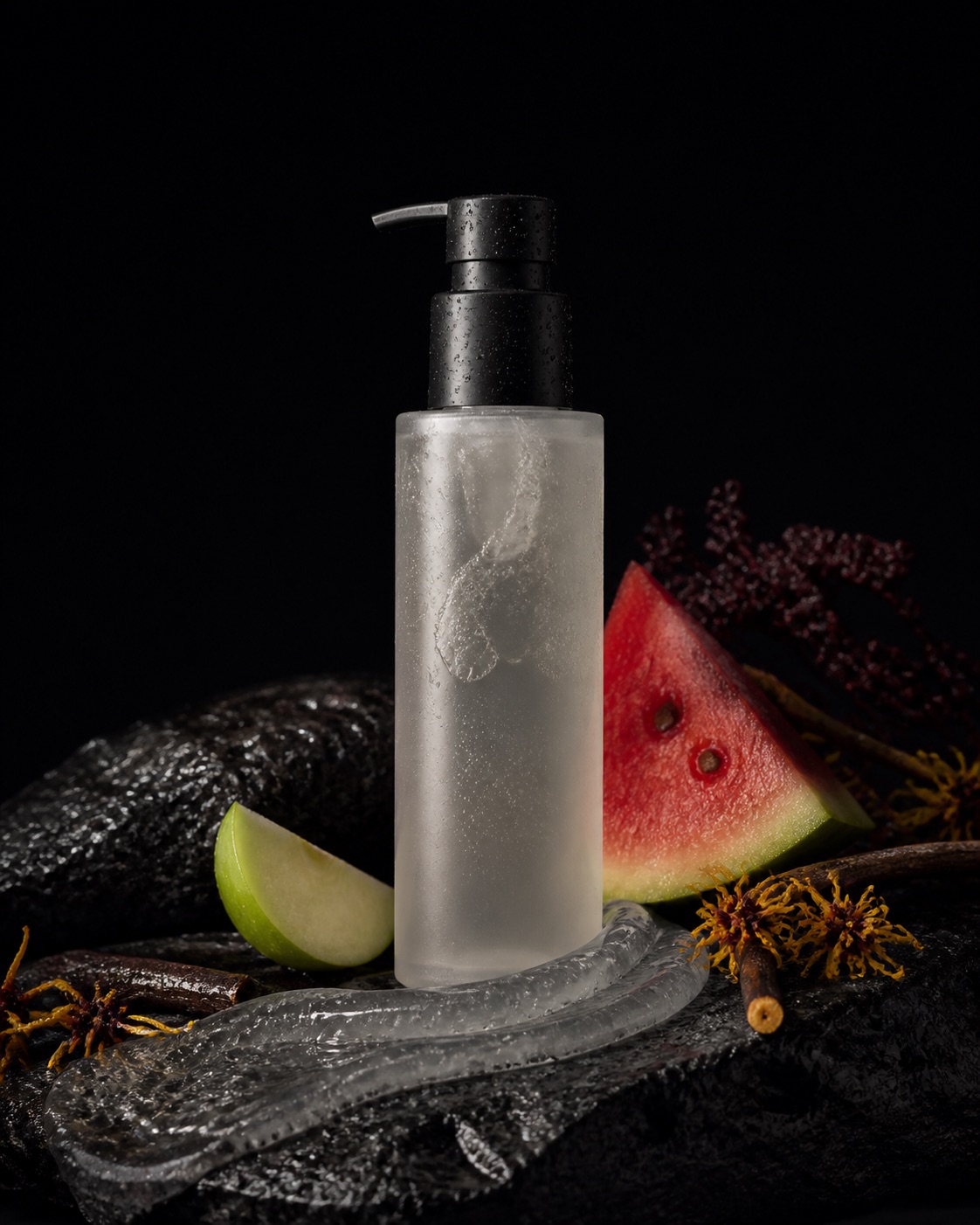 Gentle cleansing gel format with a blank frosted pump bottle, clear gel, watermelon, green apple and botanicals on graphite stone