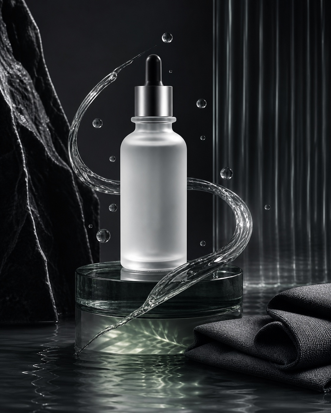 Frosted serum bottle, clear liquid ribbon and droplets on dark stone