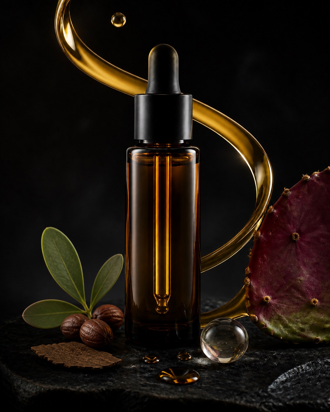 Jojoba face-oil format with a blank amber dropper bottle, golden oil, botanical seed and bark props, leaves and prickly pear on graphite stone