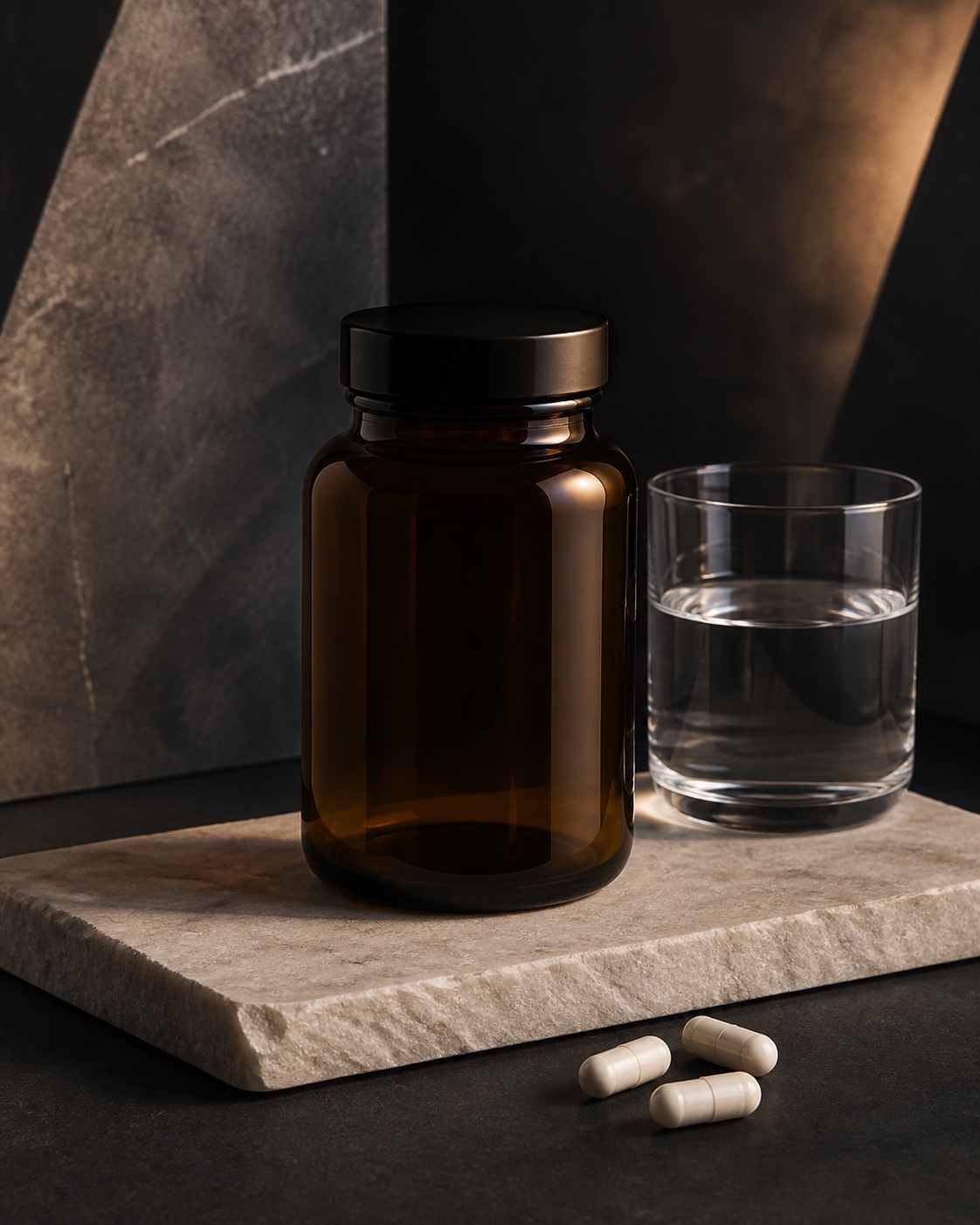 Magnesium capsule format with a blank amber bottle, three capsules and water on graphite stone