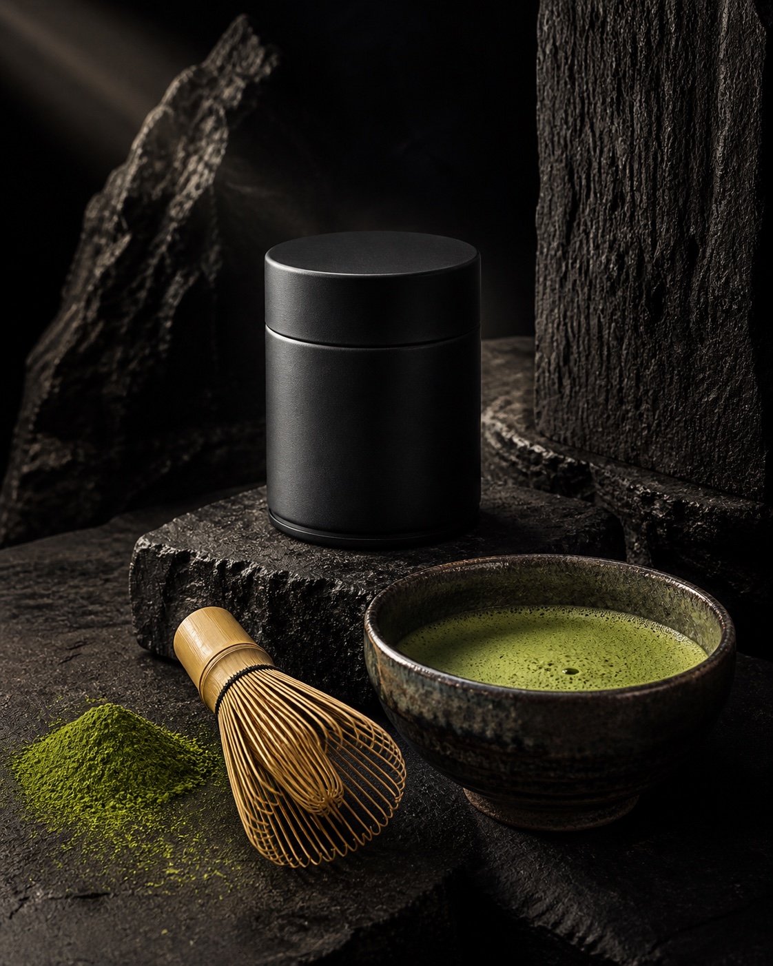 Matcha tin, whisked green tea and a bamboo whisk on dark stone