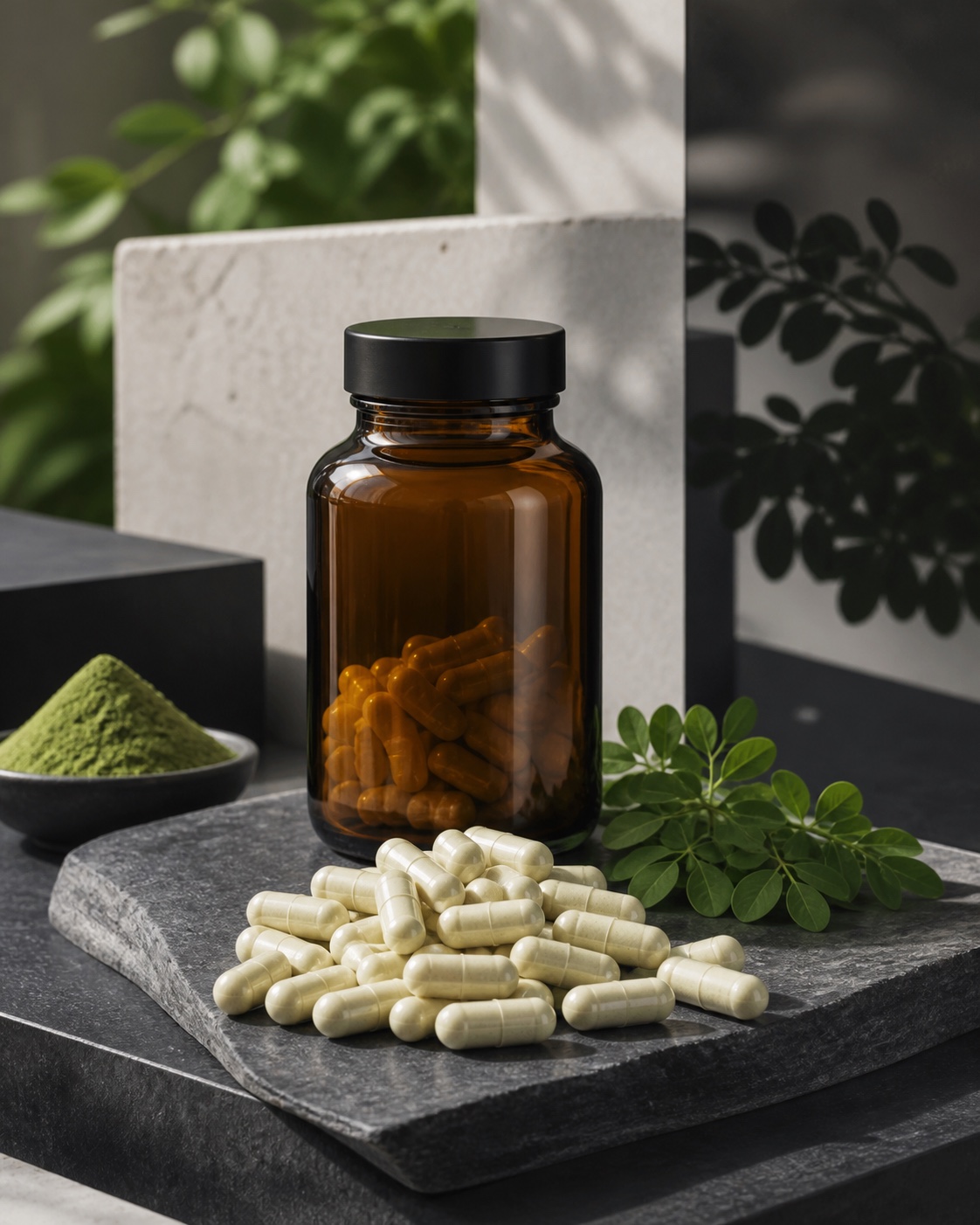 Moringa capsule format with a blank bottle, green leaves, botanical powder and capsules on graphite stone