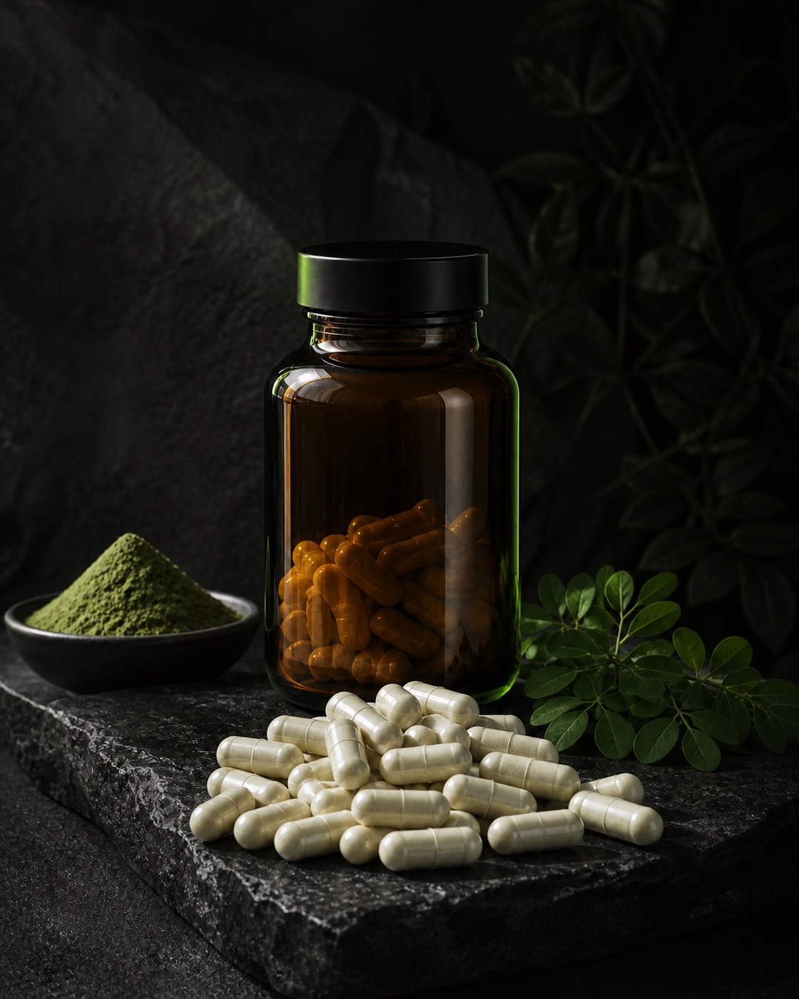 Moringa capsule format with a blank amber bottle, green leaves, botanical powder and capsules in a dark botanical setting