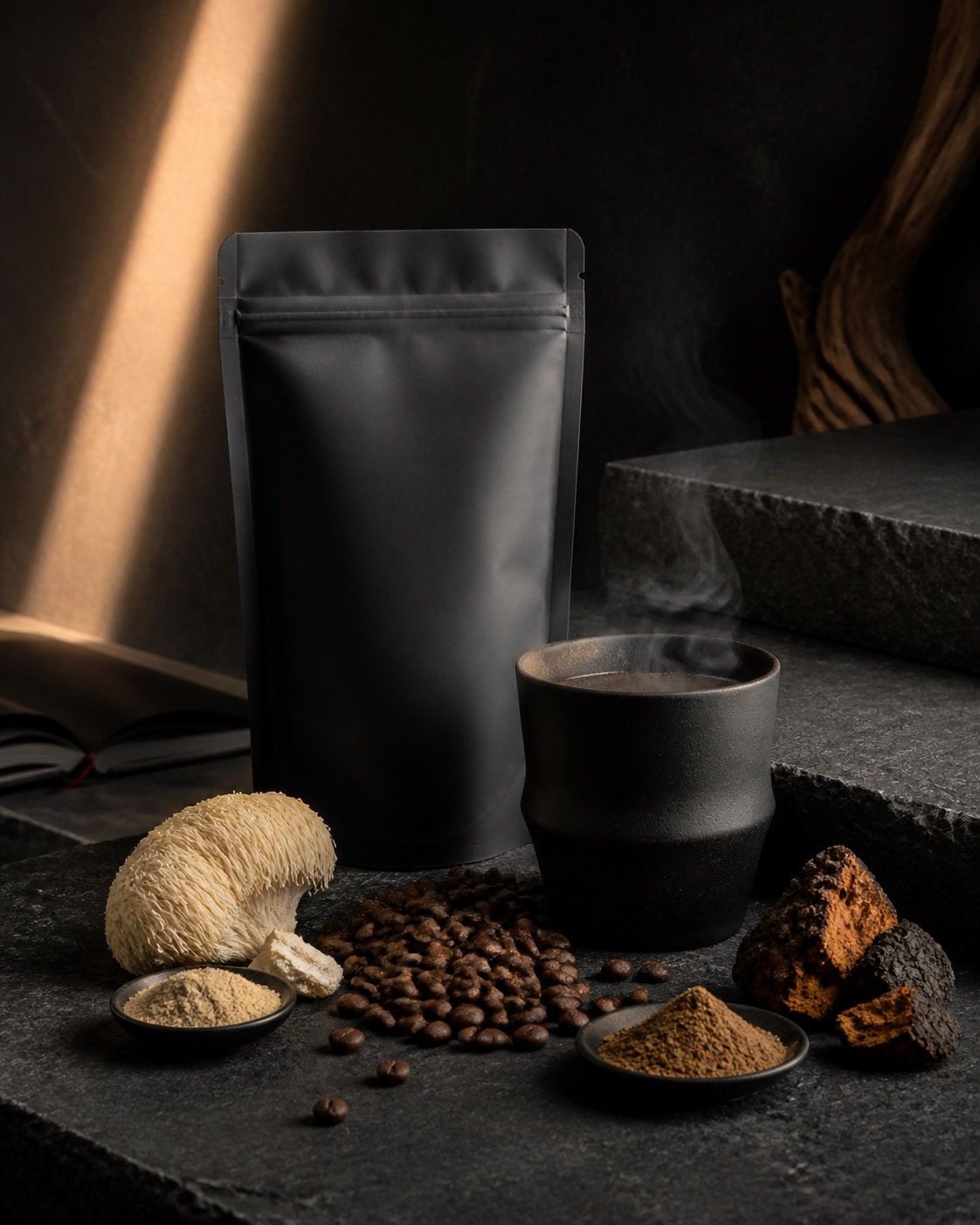 Mushroom coffee format with a black pouch, brewed coffee, beans and mushrooms on graphite stone