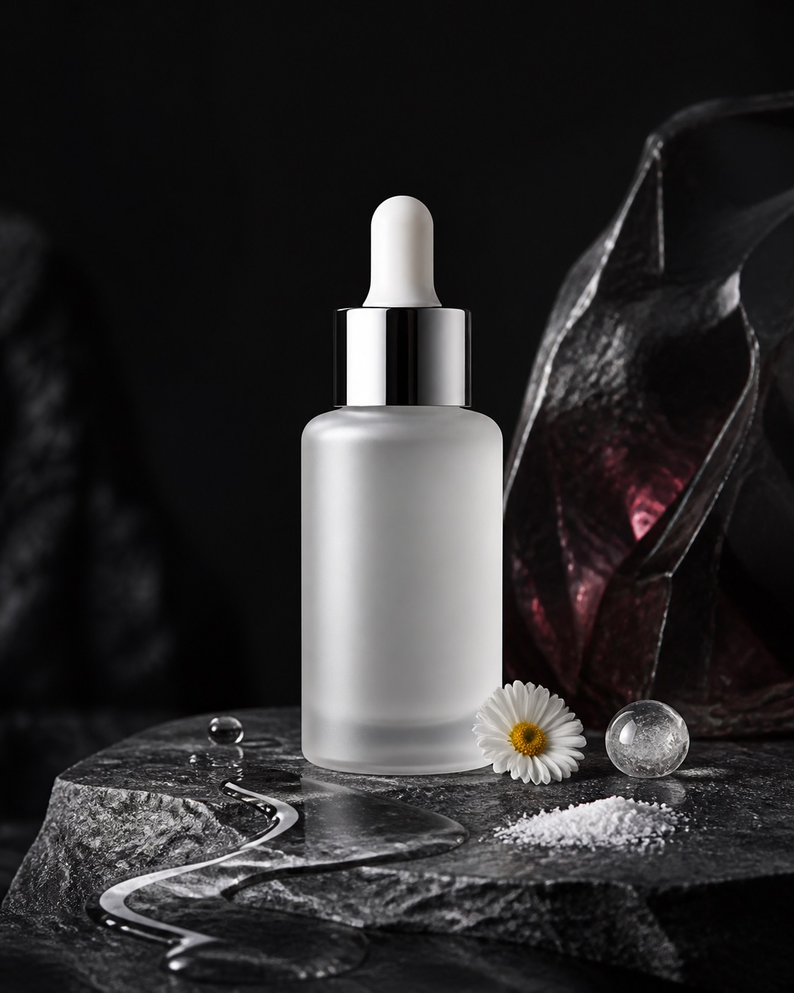 Niacinamide serum format with a blank frosted dropper bottle, clear serum and chamomile on graphite stone