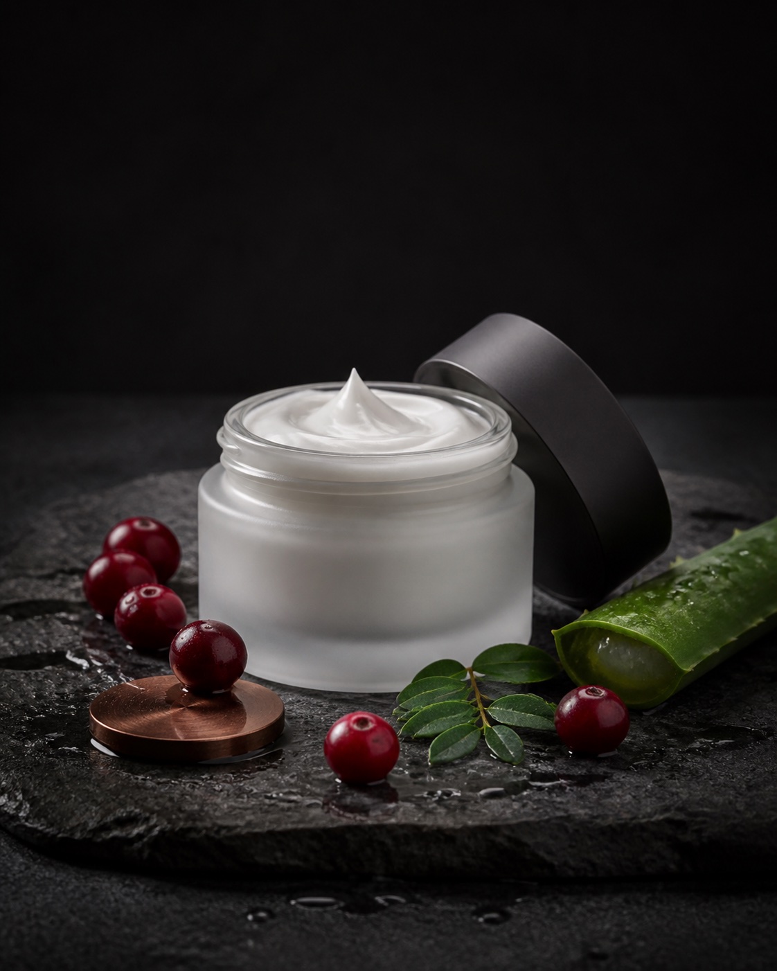 Peptide moisturizer format with a blank frosted jar, cranberries, aloe, moringa leaves and a copper-toned disk on graphite stone