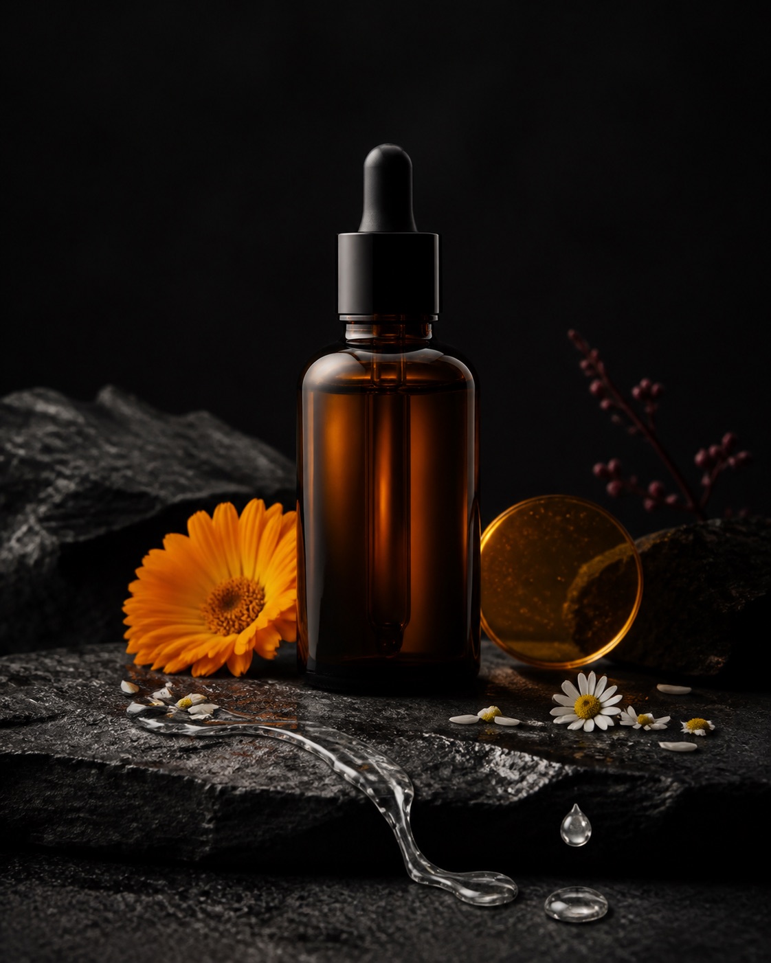 Vitamin C serum format with a blank amber dropper bottle, clear serum, calendula, chamomile and rice on graphite stone