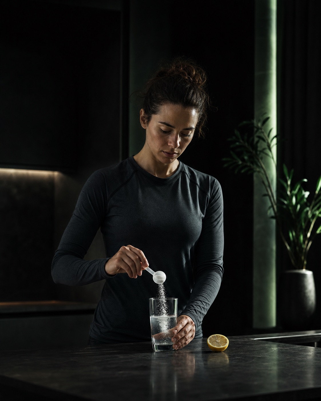 Woman mixing white powder into water at a dark mineral counter after movement